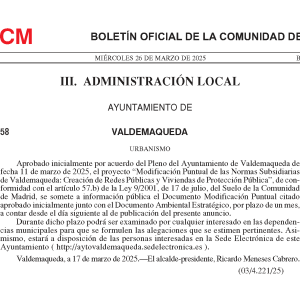 Aprobación inicial Modificación Puntual NNSS de Valdemaqueda: Creación de Redes Públicas y Viviendas de Protección Pública